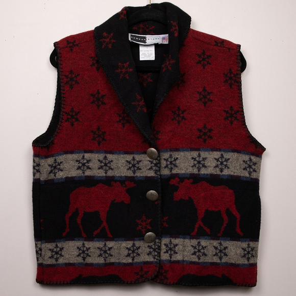 Vintage Rhonda Stark moose and snowflake print wool blend sweater vest-M - Picture 1 of 5